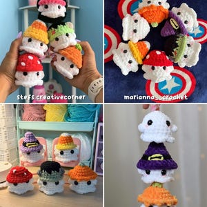 May include: A collage of crocheted amigurumi figures, including mushroom and ghost designs. The figures are white with colorful hats in red, orange, yellow, green, and purple. Some images include text: stefs.creativecorner, marianna_crochet, crochetbyjacobb, and beogacroi.