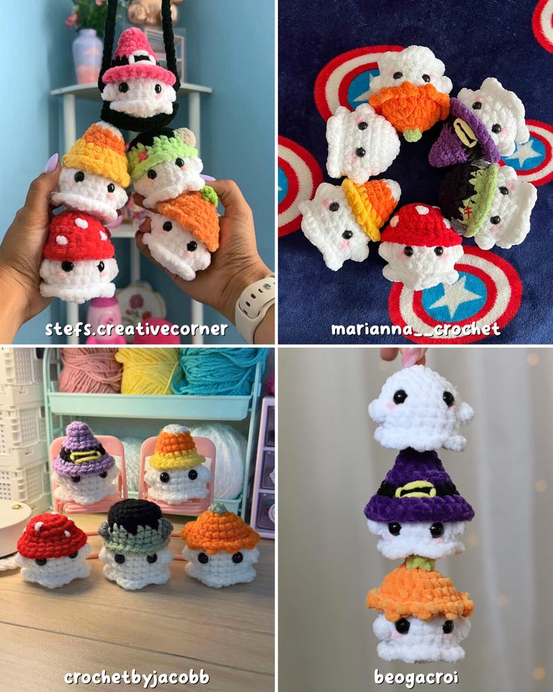 May include: A collage of crocheted amigurumi figures, including mushroom and ghost designs. The figures are white with colorful hats in red, orange, yellow, green, and purple. Some images include text: stefs.creativecorner, marianna_crochet, crochetbyjacobb, and beogacroi.