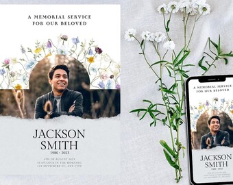 Puede incluir: Un anuncio de servicio conmemorativo blanco con una foto de un hombre e ilustraciones florales. El texto dice "Un servicio conmemorativo para nuestro amado Jackson Smith 1986-2023 4 de agosto de 2023 a las 10 de la mañana en Anywhere St, Any City"
