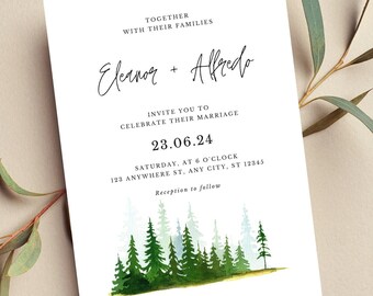 Woodland Wedding Timeline Editable Template, Green Rustic Forest Wedding Invite, Ceremony Program Instant Download