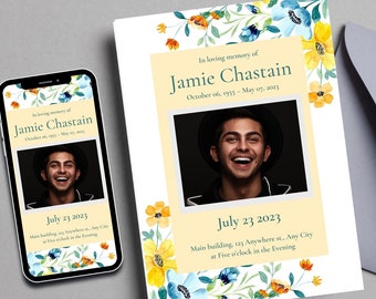 Puede incluir: Una tarjeta de condolencias floral con una foto de un hombre sonriente. La tarjeta es amarilla y azul con un borde floral. El texto dice "En memoria cariñosa de Jamie Chastain 06 de octubre de 1955 - 07 de mayo de 2023" y "23 de julio de 2023 Edificio principal, 123 Anywhere st., Any City a las cinco en punto de la tarde."