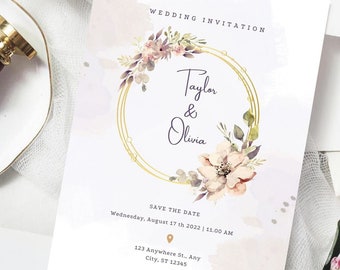 Wildflower Invite Editable Template, Pik Floral Watercolor Wedding Day Invitation, Ceremony Program Instant Download