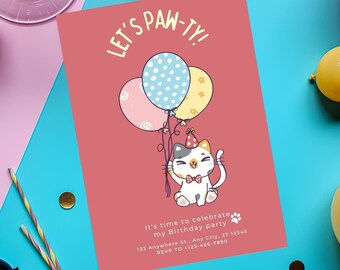 Invitación de cumpleaños de gato, invitación de Pawty de cumpleaños de gatito, plantilla editable de invitación a fiesta de cachorros, descarga instantánea