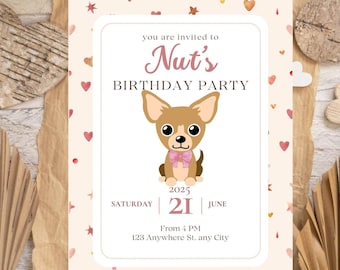 Dog Birthday Party Invitation, Chihuahua Pet Pink Birthday Invite , Puppy Pawty Invitation Editable Template