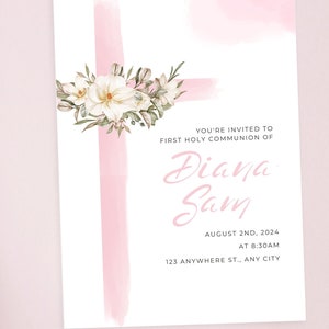 Invito alla comunione ragazza rosa e bianca, modello modificabile elegante comunione, download immediato della carta di invito per ragazza