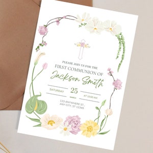 Faire-part de communion floral élégant pour garçon, modèle modifiable de Sainte Communion délicate, carte d'invitation garçon, téléchargement immédiat