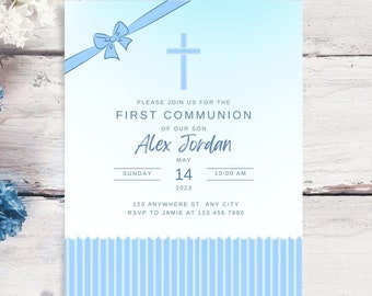 Blue Bow Boy Communion Invitation, Elegant Holy Communion Editable Template, Boy Invite Card, Instant Download