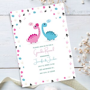 Carte de révélation bébé dinosaure rose et bleu, faire-part de révélation de sexe numérique garçon ou fille, carte nouveau bébé, téléchargement immédiat