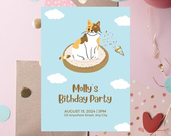 Cat Birthday Invitation,  Puppy Party Invite, Brown And White Kitty Pawty Invitation Editable Template, Instant Download
