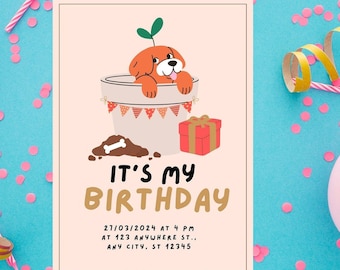 Modello di invito alla festa di compleanno del cane, modello modificabile dell'invito di compleanno dell'animale domestico, download immediato dell'invito di Pawty del cucciolo