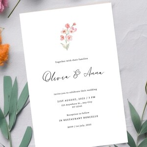 Modelo editável de cartão de casamento para lésbicas, cronograma de casamento LGBT, convite de flores silvestres, download instantâneo do programa de cerimônia