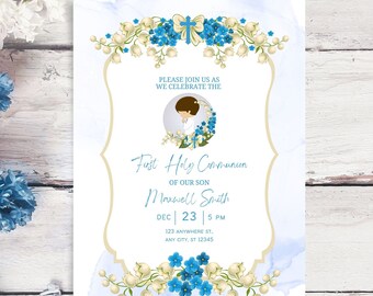 Blue Floral Boy Communion Invitation, Watercolor Holy Communion Editable Template, Boy Invite Card, Instant Download