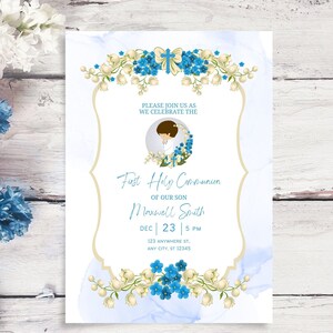 Faire-part de communion garçon floral bleu, modèle modifiable aquarelle Sainte Communion, carte d'invitation garçon, téléchargement immédiat