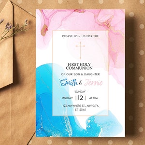 Invitation à la communion rose et bleue pour fille et garçon, modèle modifiable pour la sainte communion élégante des jumeaux, téléchargement instantané