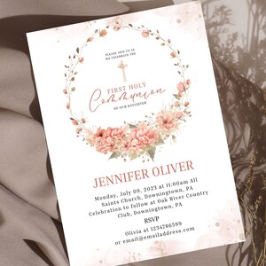 Invitation à la communion des filles florales roses, modèle modifiable à l’aquarelle pour la sainte communion, carte d’invitation pour les filles, téléchargement instantané