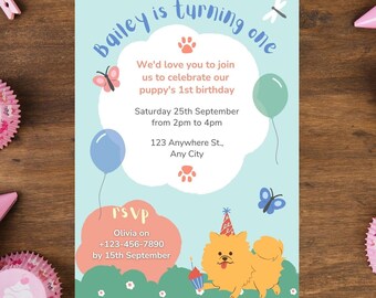 Modello di invito alla festa di compleanno del cane, invito alla festa del cucciolo, modello modificabile dell'invito di compleanno dell'animale domestico