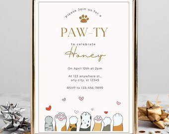 Modello di invito per compleanno gatto, invito per festa di compleanno di gattino, modello modificabile per invito a festa per animali domestici, download istantaneo