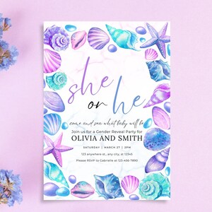 Tarjeta de revelación de bebé Shells, anuncio de revelación de género de niño o niña digital, tarjeta de bebé nueva rosa y azul, descarga instantánea