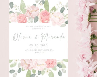 May include: A wedding invitation with a floral design featuring pink and white flowers. The invitation reads "Please join us for the wedding of Olivia & Miranda, 05.25.2025, at 6 PM, 123 Any Where St., Any City."