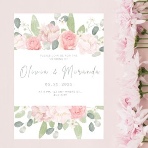 Convite de casamento de flores silvestres, programa de cerimônia lésbica pastel floral, download instantâneo, cartão de linha do tempo de casamento de noivas