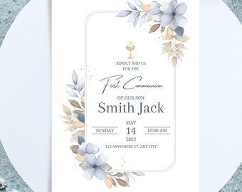 Blue Floral Boy Communion Invitation, Elegant Holy Communion Editable Template, Boy Invite Card, Instant Download