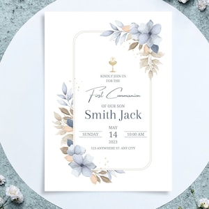 Invitation à la communion florale bleue pour garçon, modèle modifiable élégant pour la sainte communion, carte d’invitation pour garçon, téléchargement instantané