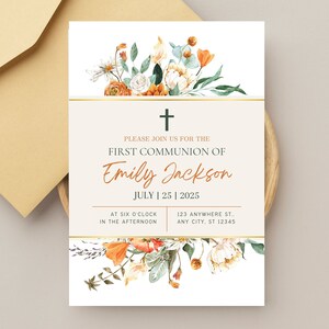 Faire-part de communion floral fille, élégant modèle modifiable de sainte communion, carte d'invitation fille, téléchargement immédiat