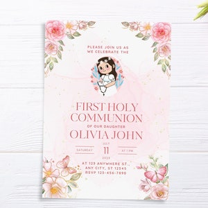 Invitación de comunión de niña floral rosa, plantilla editable de acuarela de la Santa Comunión, tarjeta de invitación de niña, descarga instantánea