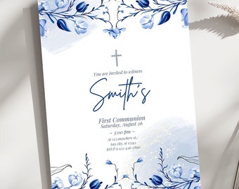 Blue Floral Boy Communion Invitation, Elegant Holy Communion Editable Template, Boy Invite Card, Instant Download