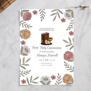 Faire-part de communion garçon floral moderne, modèle modifiable de communion gris et rouge, carte d'invitation garçon, téléchargement immédiat
