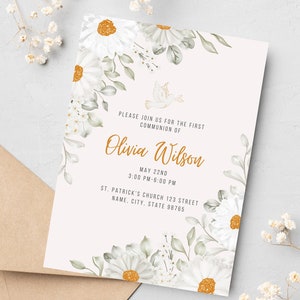 Faire-part de communion fille marguerites blanches, modèle modifiable floral sainte communion, carte d'invitation fille, téléchargement immédiat