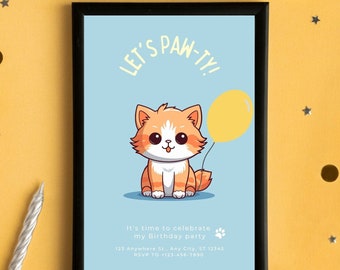 Cat Birthday Invite, Red Kitty Birthday Party Invitation, Puppy Party Invite Editable Template, Instant Download