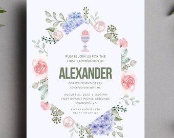 Blue Floral Boy Communion Invitation, Elegant Holy Communion Editable Template, Boy Invite Card, Instant Download