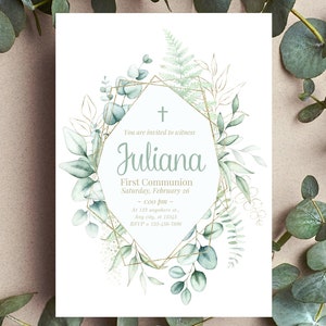 Faire-part de communion botanique fille, modèle modifiable de sainte communion vert et blanc, carte d'invitation fille téléchargement immédiat