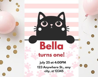 Invito di compleanno gatto, invito cucciolo Pawty, modello modificabile invito gattino nero Pawty, download immediato