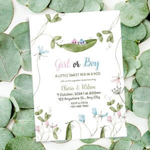 Kleine erwt in een peul baby onthullen kaart, botanische digitale jongen of meisje gender onthullen kondigen, nieuwe babykaart direct downloaden