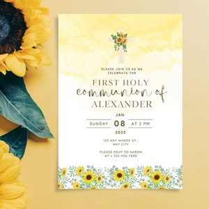 Invito alla comunione del ragazzo dell'acquerello del girasole, modello modificabile della Santa Comunione gialla, download istantaneo della carta di invito del ragazzo