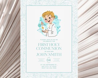 Delicate Blue Boy Communion Invitation, Modern Holy Communion Editable Template, Boy Invite Card, Instant Download