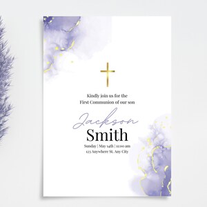 Invitation à la communion des garçons bleus et dorés, modèle modifiable à l’aquarelle pour la sainte communion, carte d’invitation pour les garçons, téléchargement instantané