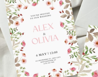 Wildflower Invite Editable Template, Pink Floral Wedding Day Invitation, Ceremony Program Instant Download