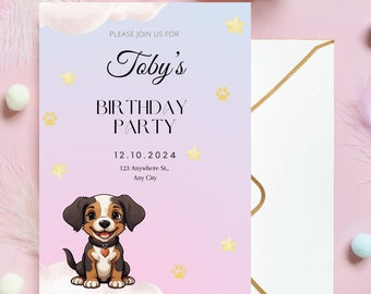 Hunde-Geburtstags-Party-Einladung, schwarze und braune Haustier-Geburtstags-Einladung, Puppy Pawty-Einladung bearbeitbare Vorlage