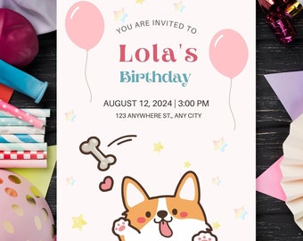 Puppy Party Invite, Doggy Birthday Pawty Invitation, Pink Pet Birthday Invite Editable Template, Instant Download