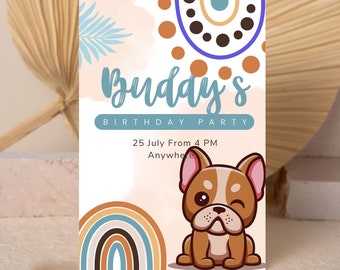Dog Birthday Party Invitation, French Bulldog Pet Birthday Invite , Boho Puppy Pawty Invitation Editable Template
