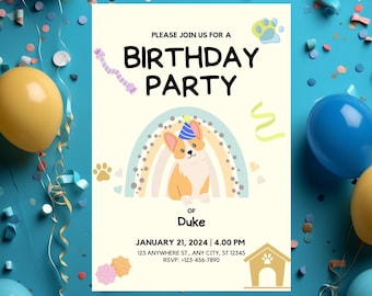 Dog Birthday Party Invitation , Welsh Corgi Pet Birthday Invite , Puppy Pawty Invitation Editable Template