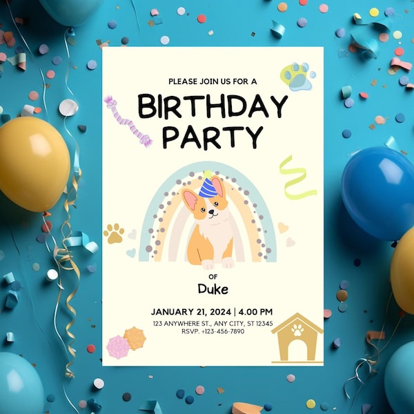 Dog Birthday Party Invitation , Welsh Corgi Pet Birthday Invite , Puppy Pawty Invitation Editable Template