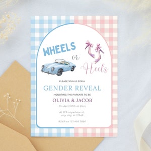 Carte de révélation de bébé roues ou talons, faire-part de révélation de sexe numérique à carreaux pour garçon ou fille, carte de nouveau bébé, téléchargement immédiat