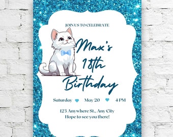 Invito di compleanno gatto, invito cucciolo Pawty, modello modificabile invito Blue Kitty Pawty, download immediato