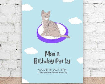 Invito di compleanno gatto, invito a una festa con cuccioli, modello modificabile invito gattino zampa grigio, download istantaneo