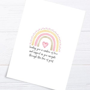 Biglietto di condoglianze arcobaleno, modello modificabile commemorativo, biglietto di condoglianze acquerello, invio di amore e abbracci, download istantaneo