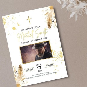 Carta commemorativa funebre nera e oro, invito funebre digitale, modello modificabile commemorativo moderno, carta di lutto